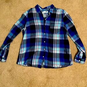 Old Navy Womens Large Sheer Blouse Blue Plaid Button Down Classic Long Sleeve